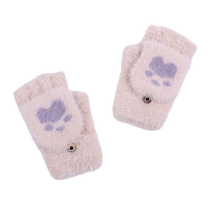 1 Pair of Fashion Gloves Cartoon Bear Paw Pattern Flap Design Warm Soft Knitted Gloves for Winter Outdoor Activities Image 1