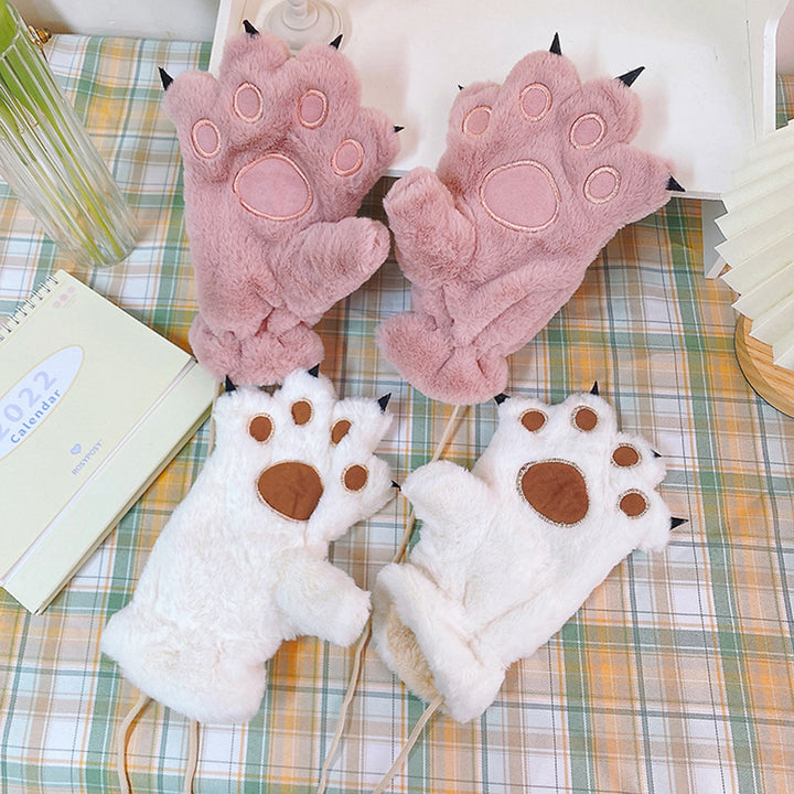 1 Pair Women Winter Embroidery Bear Paw Pattern Mittens Elastic Cuffs Thickened Plush Girls Ridding Image 11