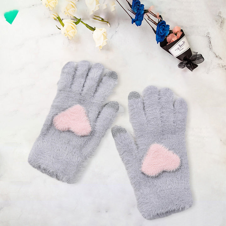 1 Pair of Women Winter Gloves Heart Pattern Full Finger with Touch-Screen Design Non-Slip Fashionable Warm Knit Mittens Image 10