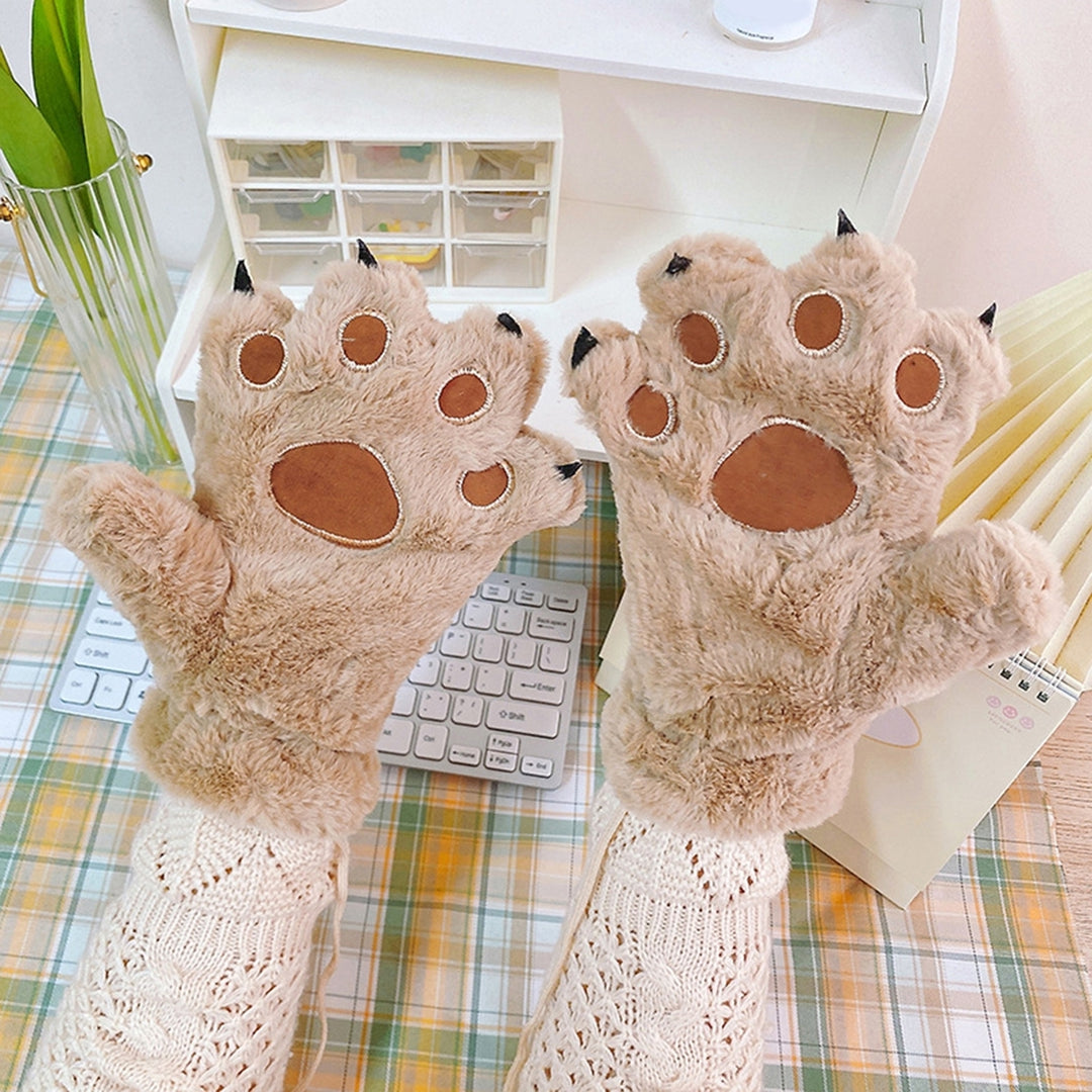 1 Pair Women Winter Embroidery Bear Paw Pattern Mittens Elastic Cuffs Thickened Plush Girls Ridding Image 12