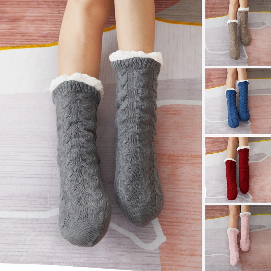 1 Pair Women Winter Socks Thick Soft Plush Color Matching Mid-tube Elastic Anti-slip Thermal Knitted Image 1