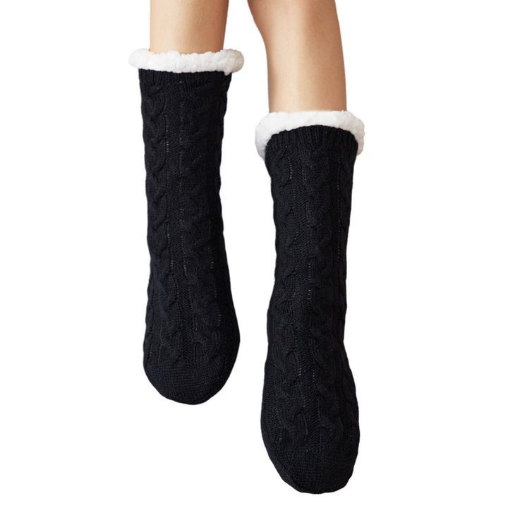 1 Pair Women Winter Socks Thick Soft Plush Color Matching Mid-tube Elastic Anti-slip Thermal Knitted Image 1