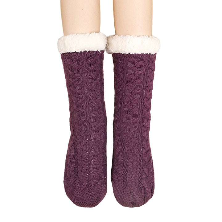 1 Pair Women Winter Socks Thick Soft Plush Color Matching Mid-tube Elastic Anti-slip Thermal Knitted Image 1