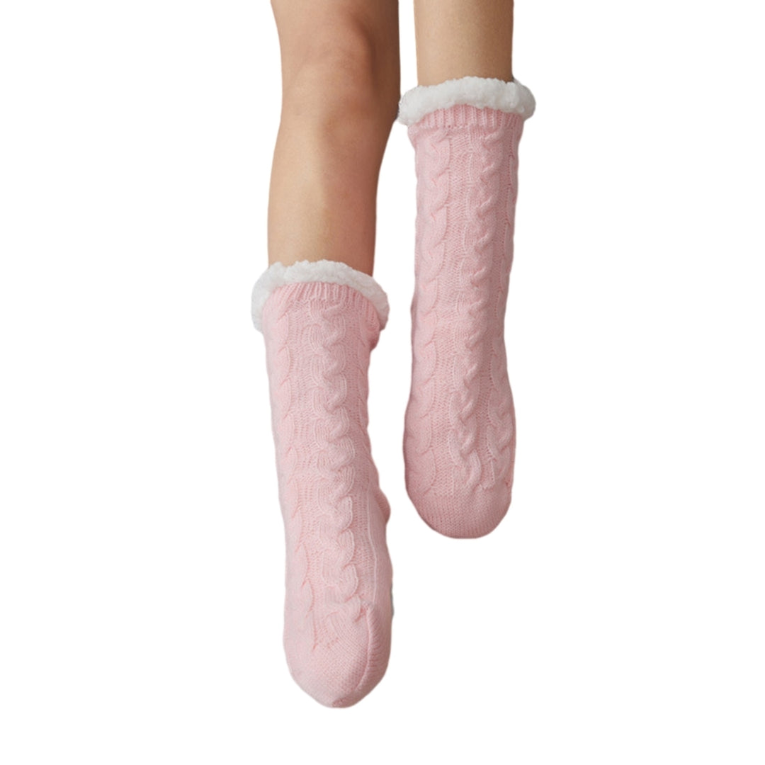 1 Pair Women Winter Socks Thick Soft Plush Color Matching Mid-tube Elastic Anti-slip Thermal Knitted Image 4