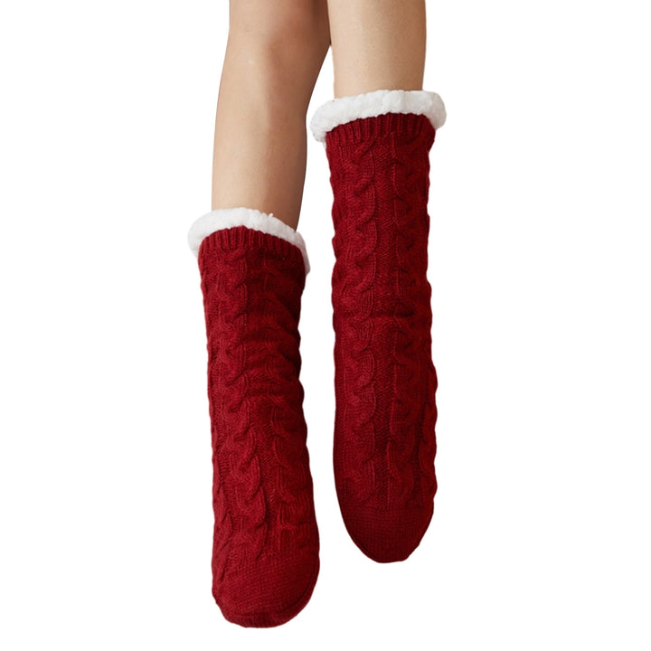 1 Pair Women Winter Socks Thick Soft Plush Color Matching Mid-tube Elastic Anti-slip Thermal Knitted Image 9