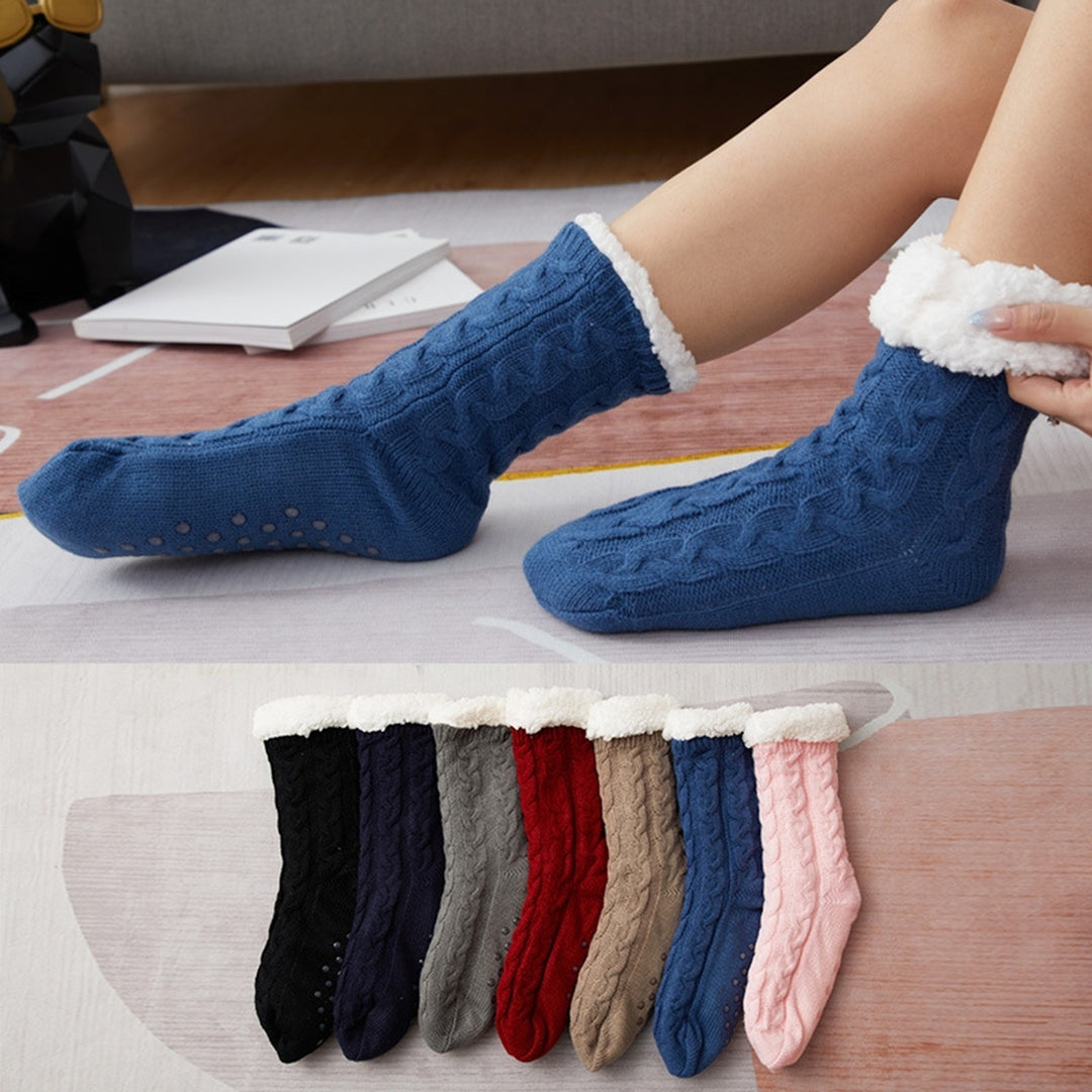 1 Pair Women Winter Socks Thick Soft Plush Color Matching Mid-tube Elastic Anti-slip Thermal Knitted Image 11
