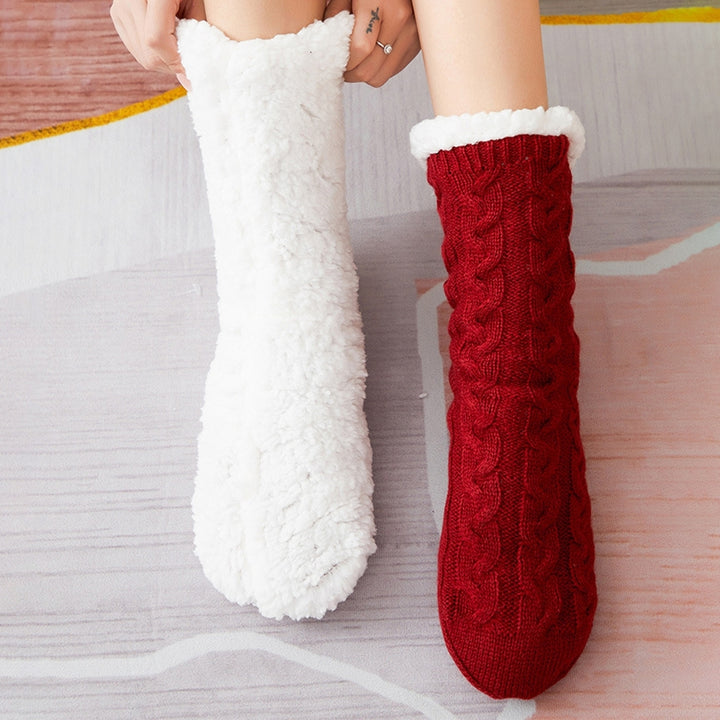 1 Pair Women Winter Socks Thick Soft Plush Color Matching Mid-tube Elastic Anti-slip Thermal Knitted Image 12