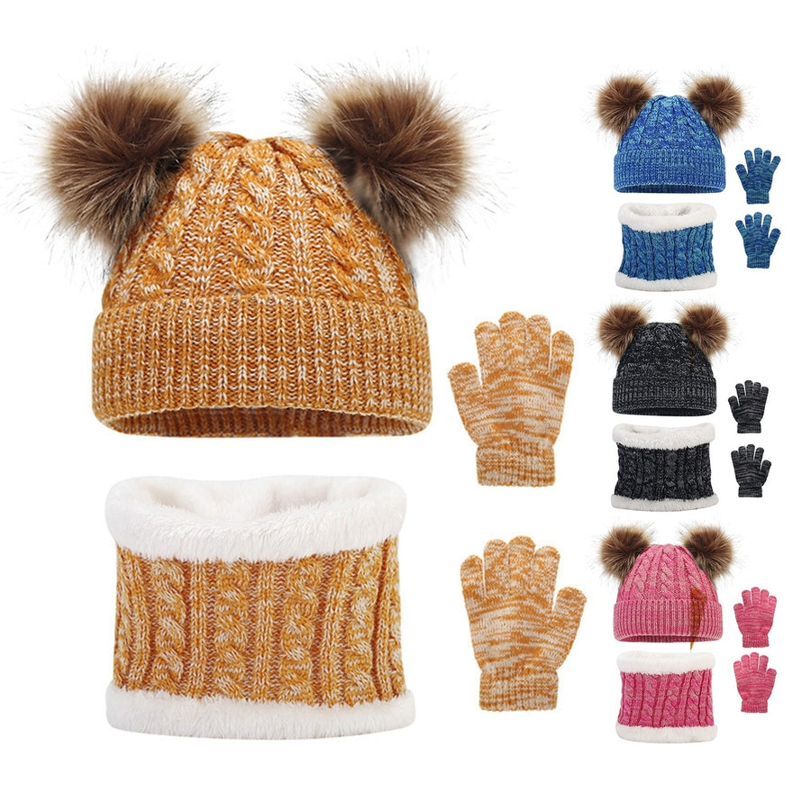 1 Set Children Hat Gloves Scarf Set Knitted Thick Contrast Color Elastic Soft Warm Dome Plush Ball Image 1