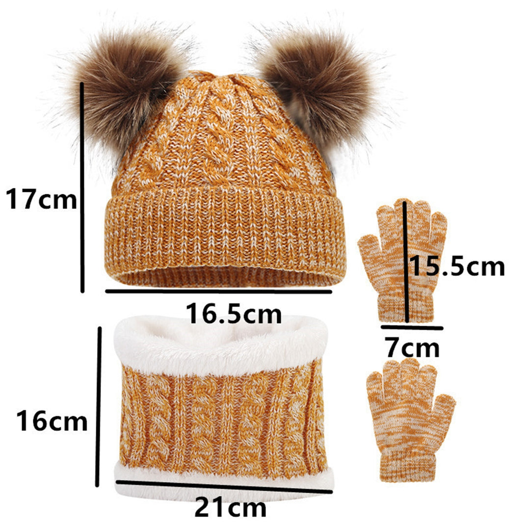 1 Set Children Hat Gloves Scarf Set Knitted Thick Contrast Color Elastic Soft Warm Dome Plush Ball Image 9
