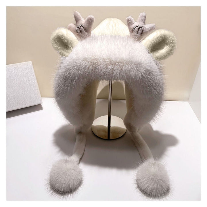 Cute Furry Trim Antler Ears Decor Women Winter Hat Thickened Plush Warm Ear Protection Woolen Hat Fashion Accessories Image 1