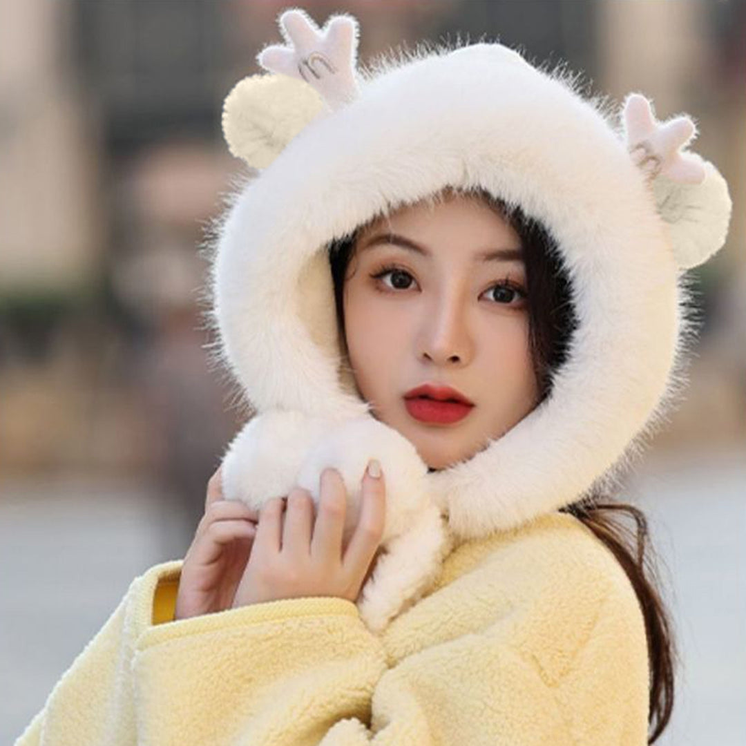 Cute Furry Trim Antler Ears Decor Women Winter Hat Thickened Plush Warm Ear Protection Woolen Hat Fashion Accessories Image 6