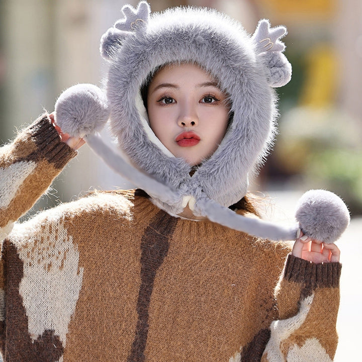 Cute Furry Trim Antler Ears Decor Women Winter Hat Thickened Plush Warm Ear Protection Woolen Hat Fashion Accessories Image 11