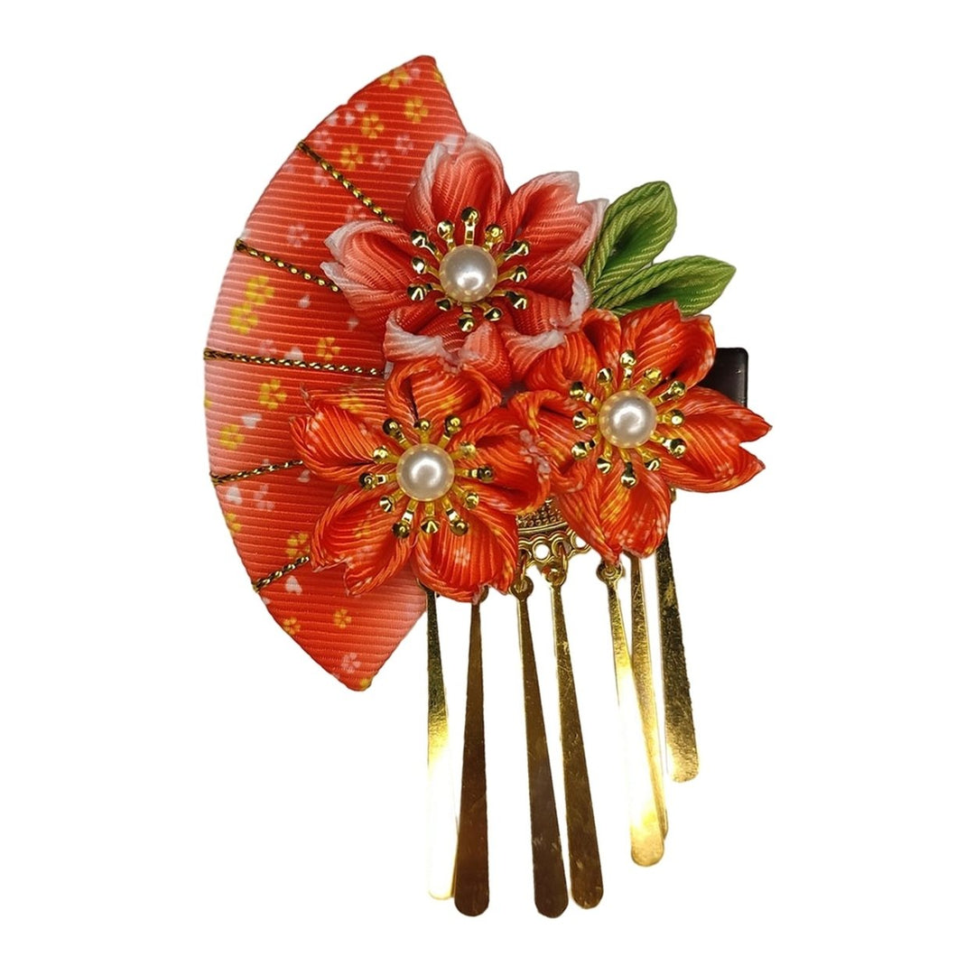 Women Hairpin Faux Pearl Fake Flower Fan Decor Anti-slip Decorative Japanese Traditional Dress Image 1