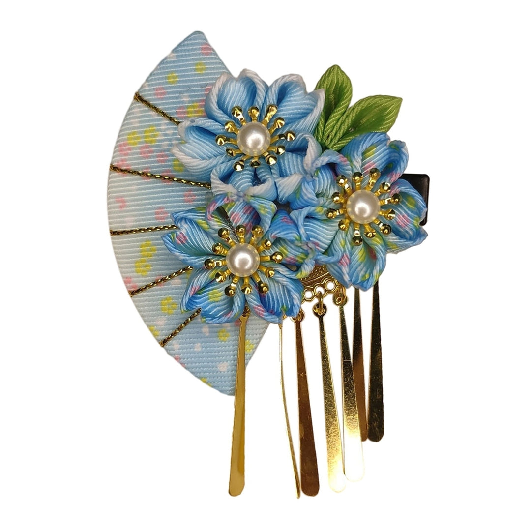 Women Hairpin Faux Pearl Fake Flower Fan Decor Anti-slip Decorative Japanese Traditional Dress Image 3