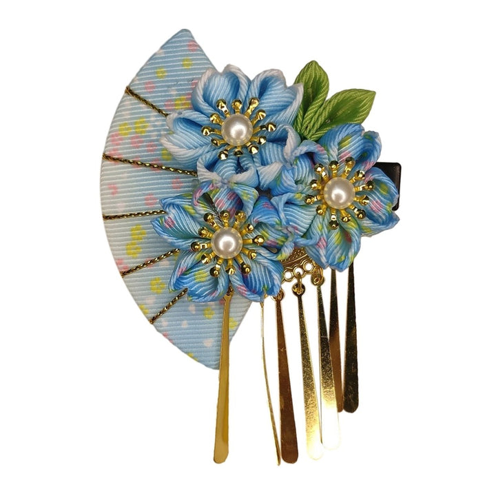 Women Hairpin Faux Pearl Fake Flower Fan Decor Anti-slip Decorative Japanese Traditional Dress Image 1