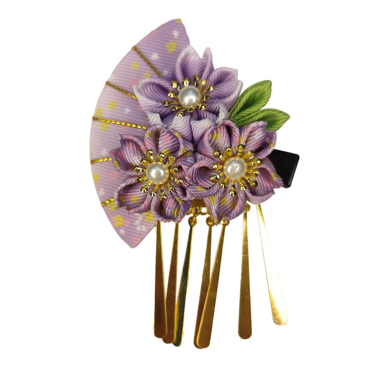 Women Hairpin Faux Pearl Fake Flower Fan Decor Anti-slip Decorative Japanese Traditional Dress Image 4