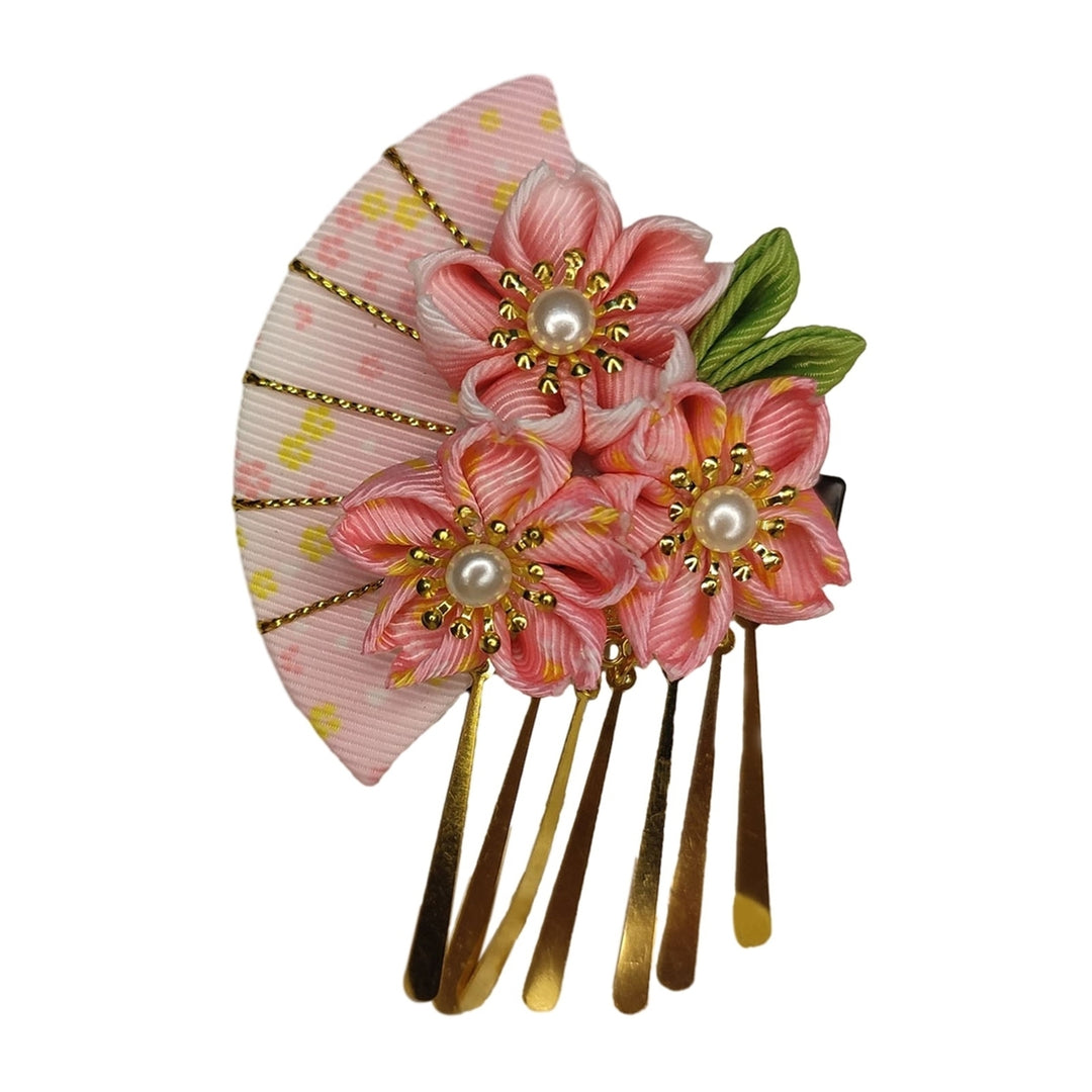 Women Hairpin Faux Pearl Fake Flower Fan Decor Anti-slip Decorative Japanese Traditional Dress Image 4