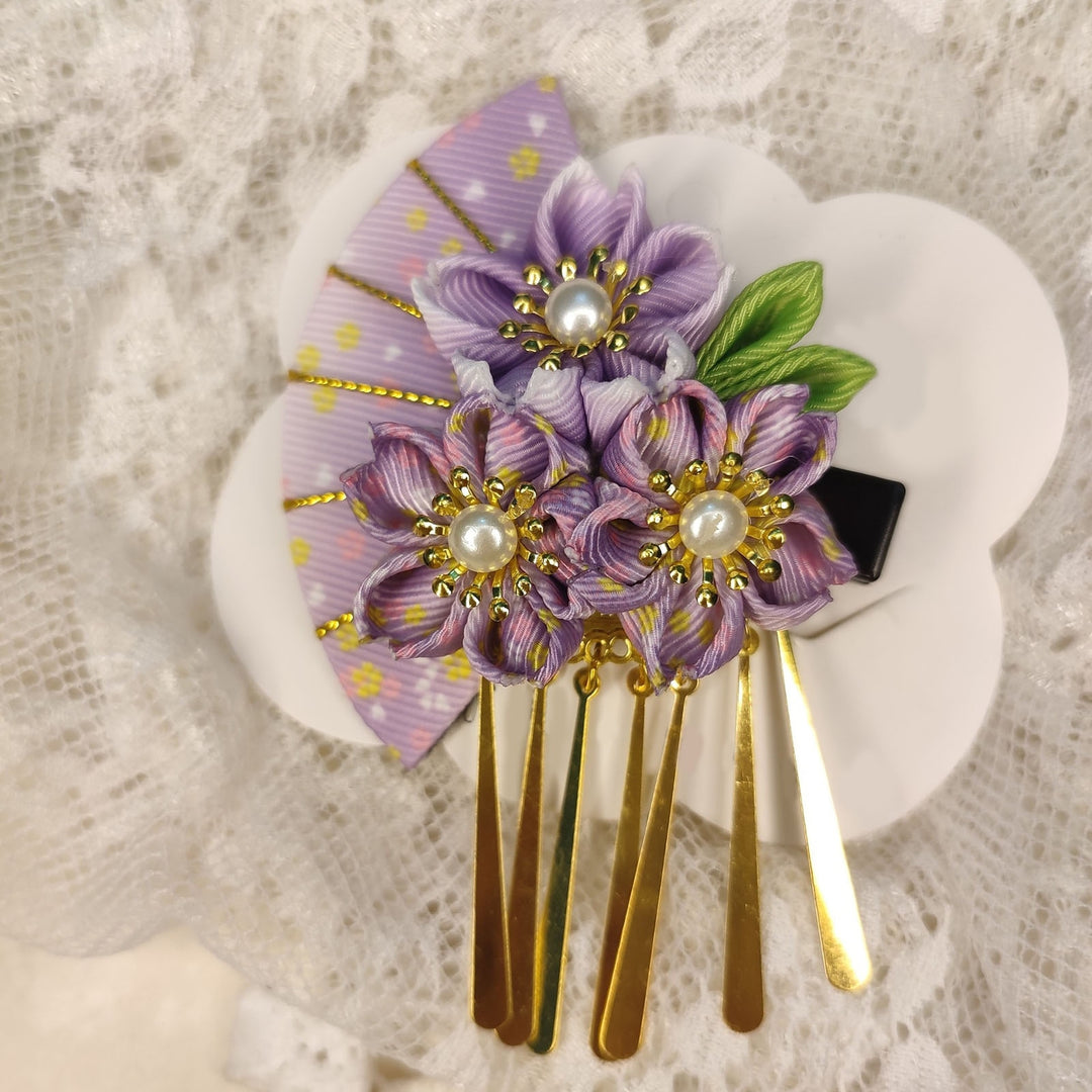 Women Hairpin Faux Pearl Fake Flower Fan Decor Anti-slip Decorative Japanese Traditional Dress Image 6