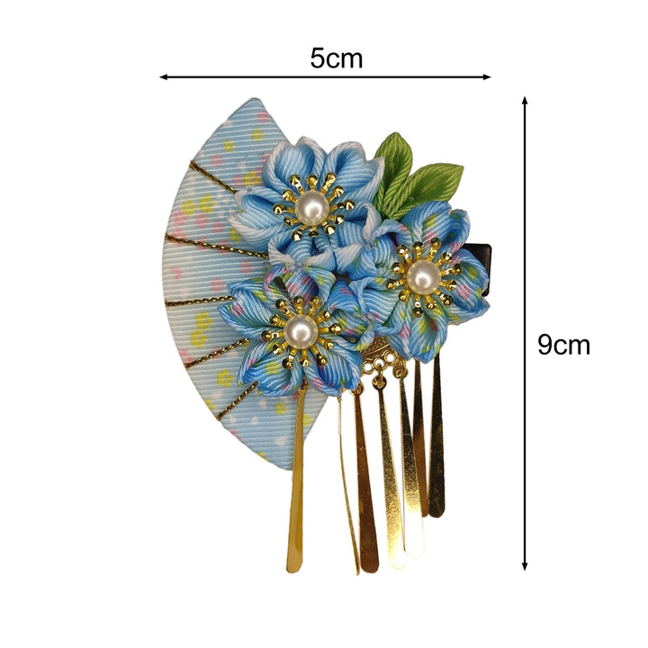 Women Hairpin Faux Pearl Fake Flower Fan Decor Anti-slip Decorative Japanese Traditional Dress Image 9