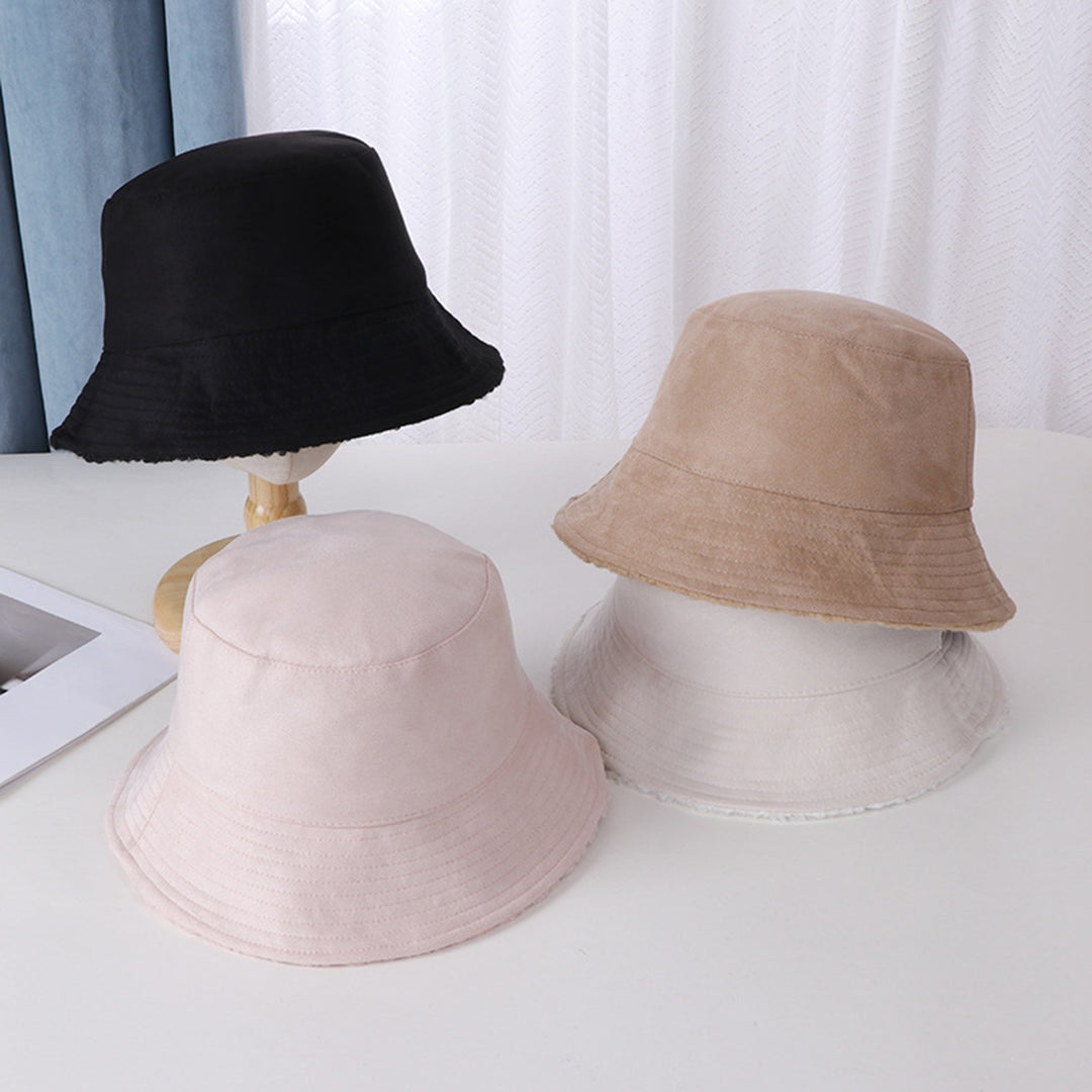 Women Winter Fisherman Hat Flat Top Wide Brim Solid Color Double-sided Faux Lamb Wool Soft Warm Windproof Lady Bucket Image 6