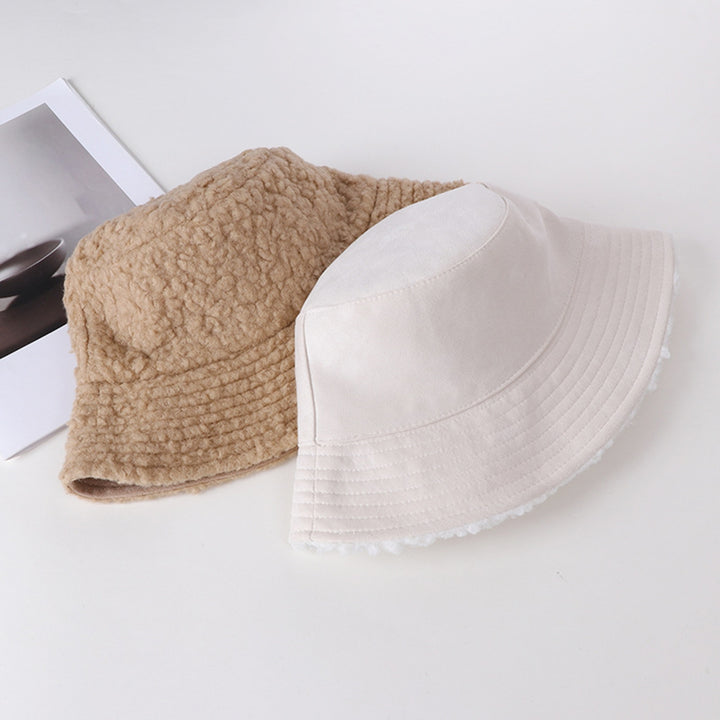 Women Winter Fisherman Hat Flat Top Wide Brim Solid Color Double-sided Faux Lamb Wool Soft Warm Windproof Lady Bucket Image 10