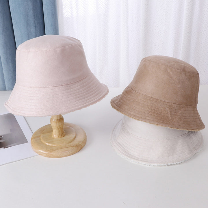 Women Winter Fisherman Hat Flat Top Wide Brim Solid Color Double-sided Faux Lamb Wool Soft Warm Windproof Lady Bucket Image 11