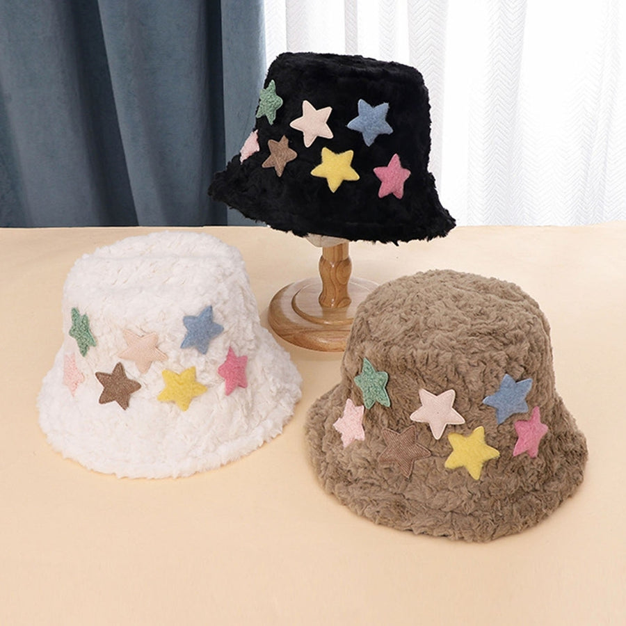 Women Autumn Winter Plush Bucket Hat Flat Dome Wide Brim Colorful Star Decoration Basin Hat Outdoor Furry Fisherman Hat Image 1