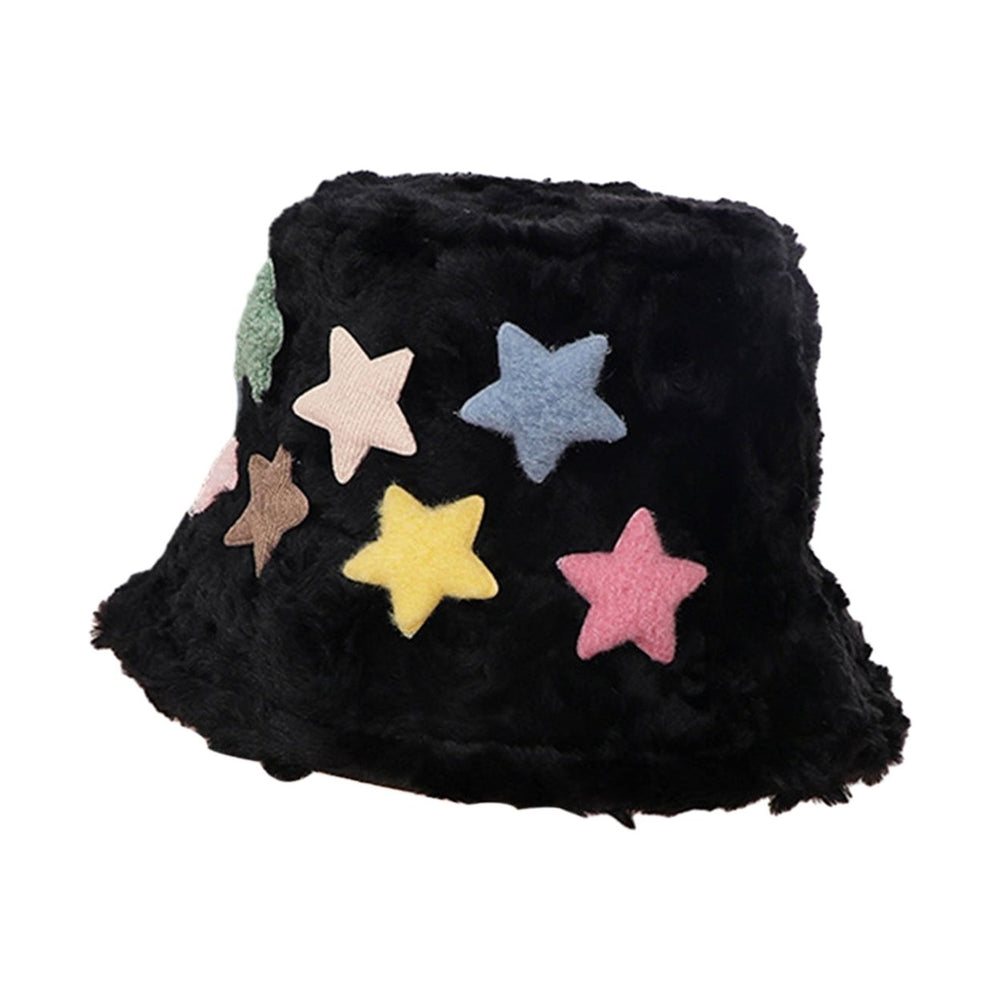 Women Autumn Winter Plush Bucket Hat Flat Dome Wide Brim Colorful Star Decoration Basin Hat Outdoor Furry Fisherman Hat Image 2