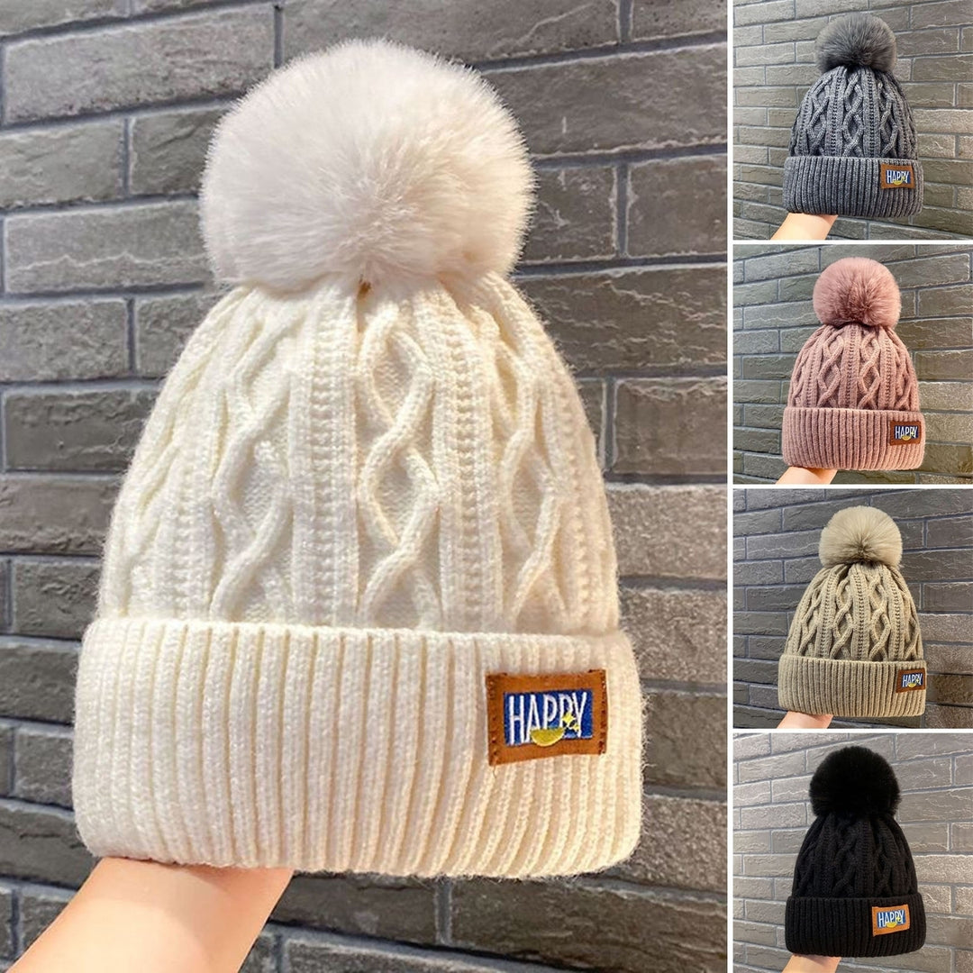 Women Winter Thickened Woolen Beanie Hat Plush Ball Decor Rhombus Texture Ear Protection Double Layer Thermal Knitting Image 1