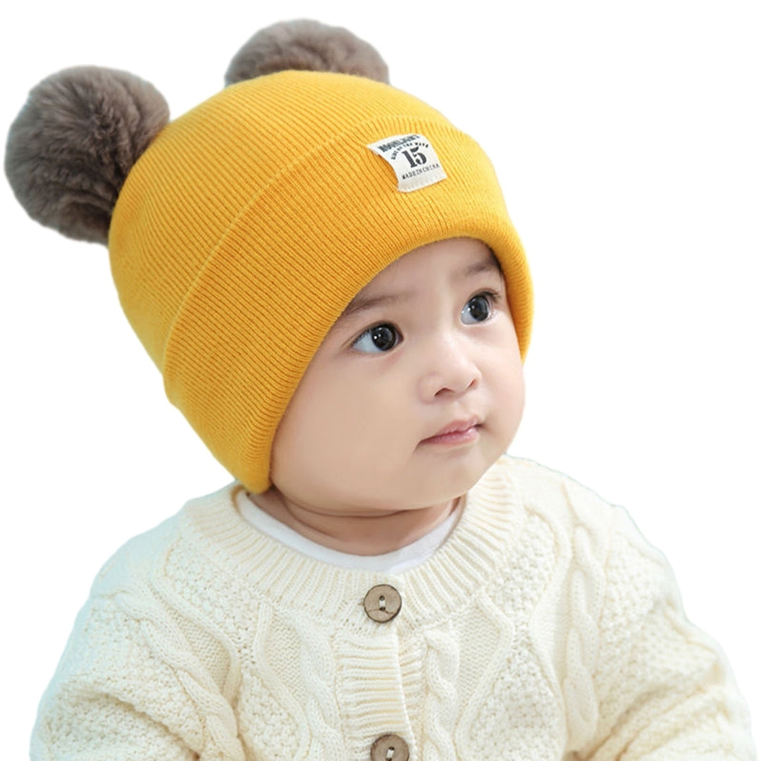 Winter Warm Baby Knitted Hat Furry Balls Decor Children Beanie Hat Logo Pattern Brimless Toddlers Knitting Hat Outfit Image 3