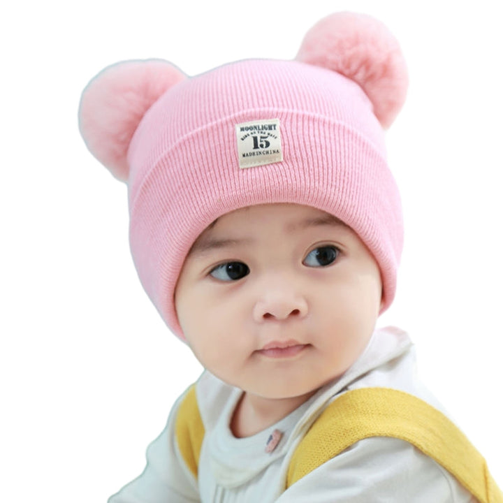 Winter Warm Baby Knitted Hat Furry Balls Decor Children Beanie Hat Logo Pattern Brimless Toddlers Knitting Hat Outfit Image 4