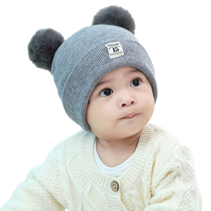 Winter Warm Baby Knitted Hat Furry Balls Decor Children Beanie Hat Logo Pattern Brimless Toddlers Knitting Hat Outfit Image 1