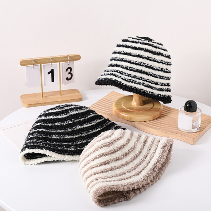 Stylish Striped Knitted Woolen Hat Breathable Soft Comfortable Korean Version Warm Ear Protection Basin Hat Image 1