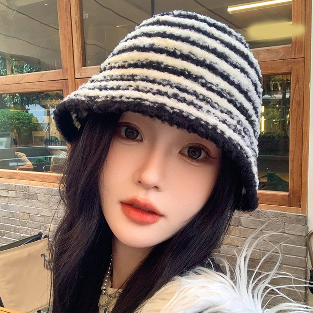 Stylish Striped Knitted Woolen Hat Breathable Soft Comfortable Korean Version Warm Ear Protection Basin Hat Image 4