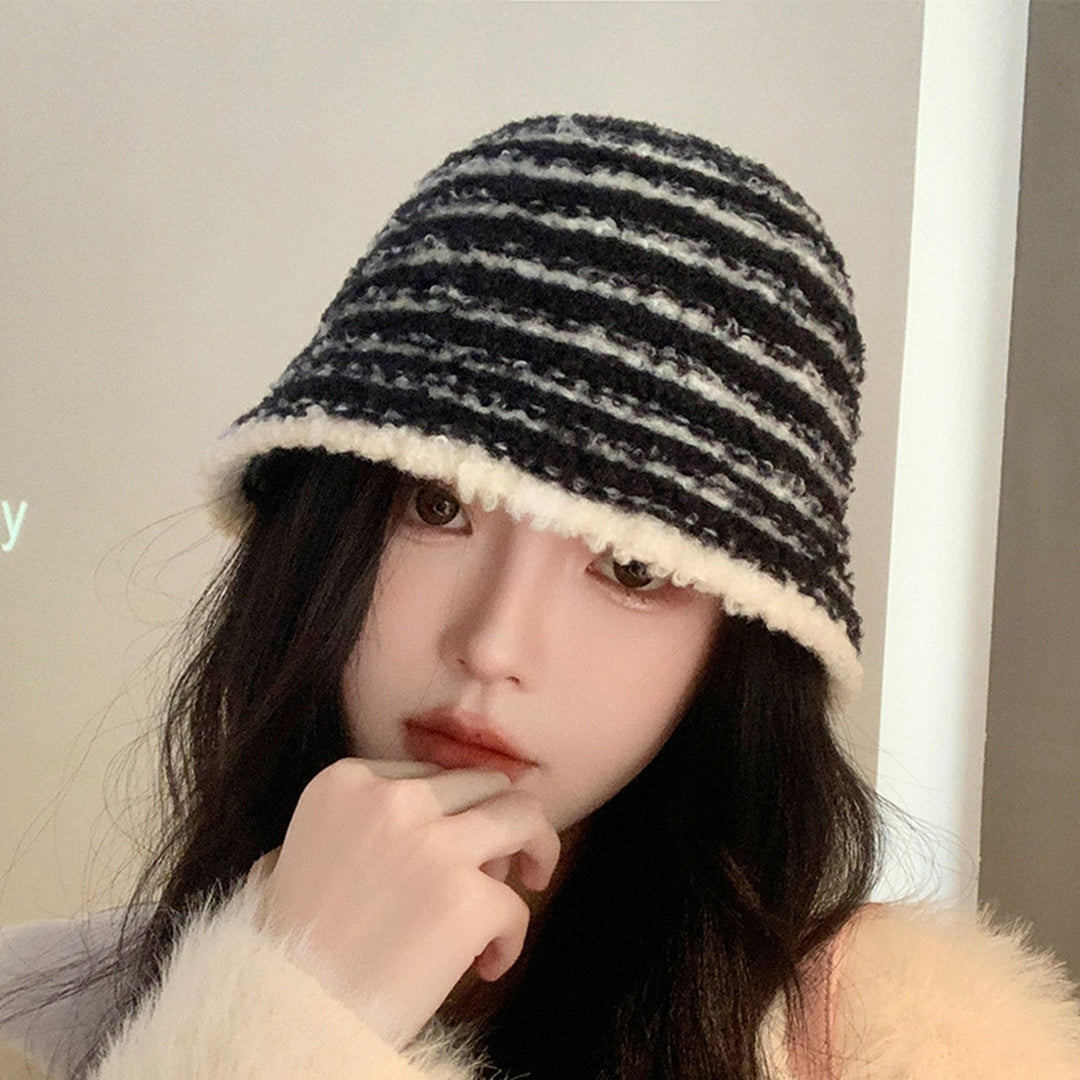 Stylish Striped Knitted Woolen Hat Breathable Soft Comfortable Korean Version Warm Ear Protection Basin Hat Image 7