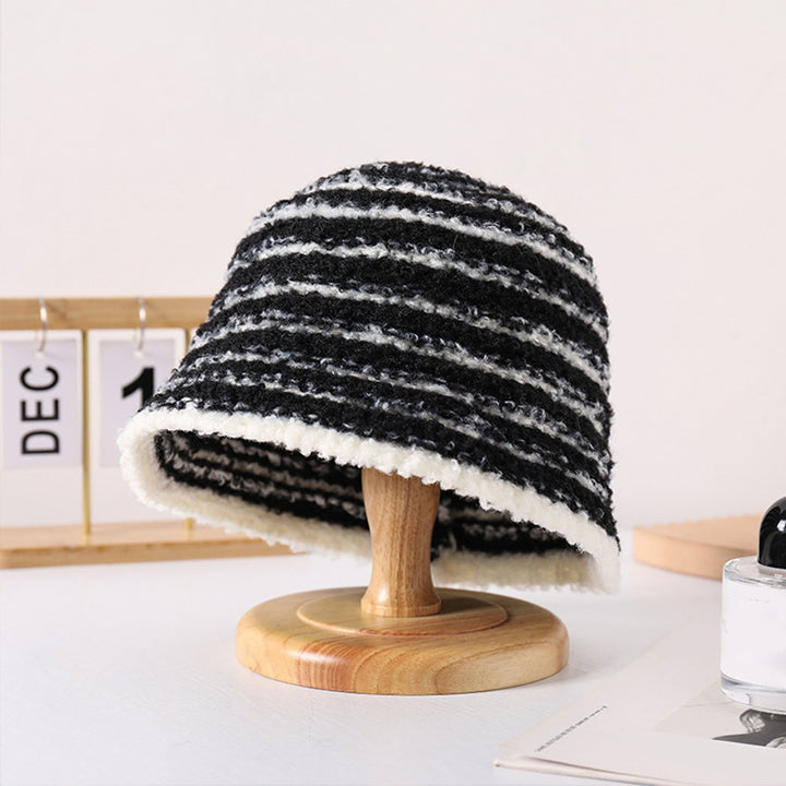 Stylish Striped Knitted Woolen Hat Breathable Soft Comfortable Korean Version Warm Ear Protection Basin Hat Image 9