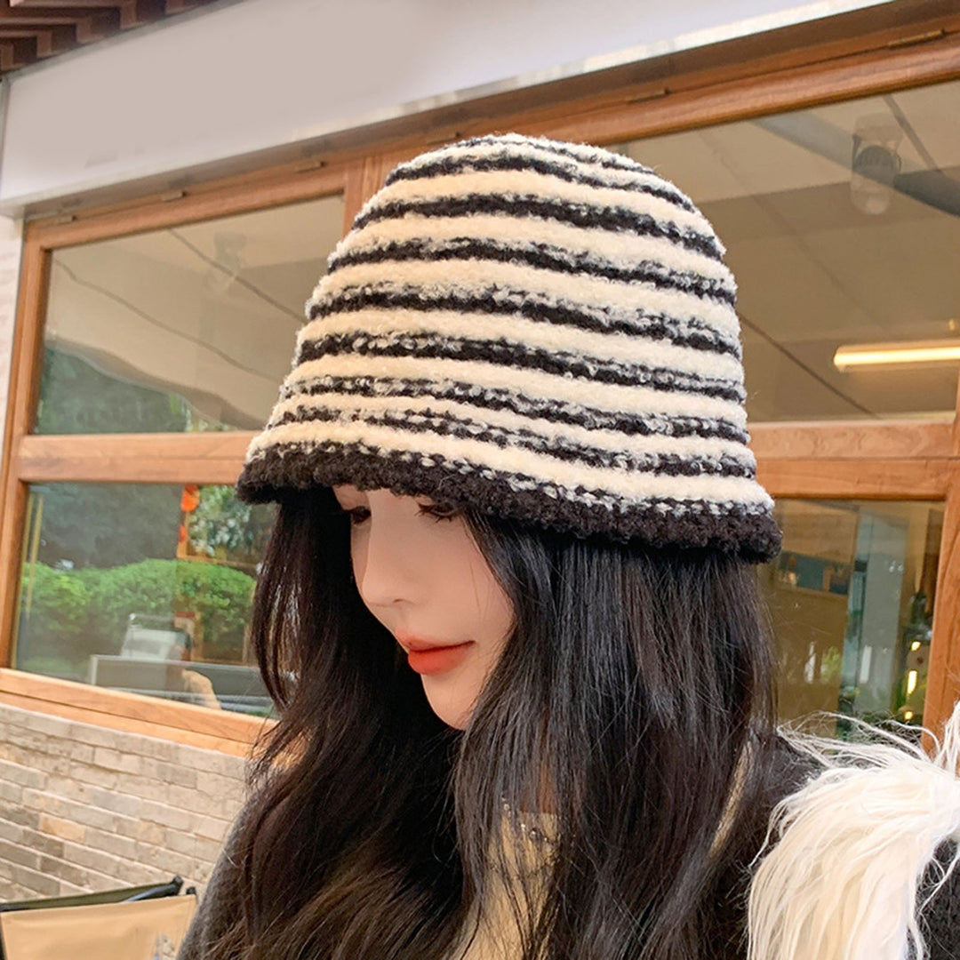 Stylish Striped Knitted Woolen Hat Breathable Soft Comfortable Korean Version Warm Ear Protection Basin Hat Image 11