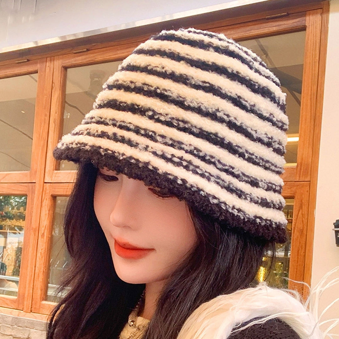 Stylish Striped Knitted Woolen Hat Breathable Soft Comfortable Korean Version Warm Ear Protection Basin Hat Image 12