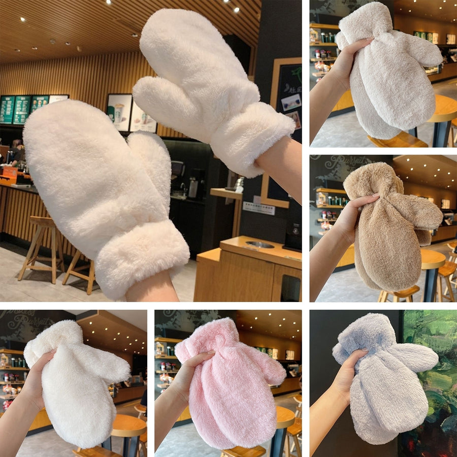 1 Pair Ladies Winter Mittens Thickened Soft Plush Solid Color Cozy Anti-slip Elastic Windproof Heat Retention Warm Lady Image 1