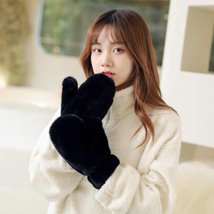 1 Pair Ladies Winter Mittens Thickened Soft Plush Solid Color Cozy Anti-slip Elastic Windproof Heat Retention Warm Lady Image 8
