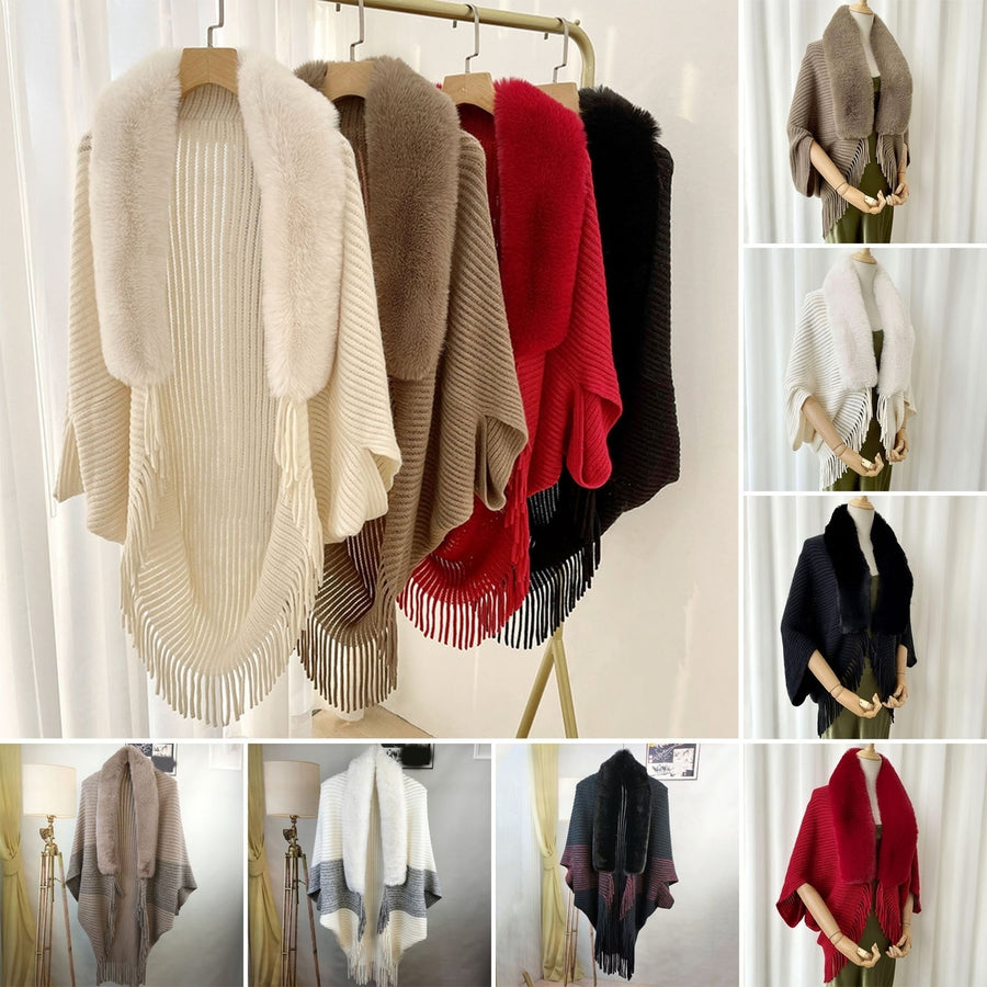 Women Winter Shawl Knitted Thick Plush Tassel Open Stitch Cardigan Faux faux Solid Color Neck Protection Windproof Image 1
