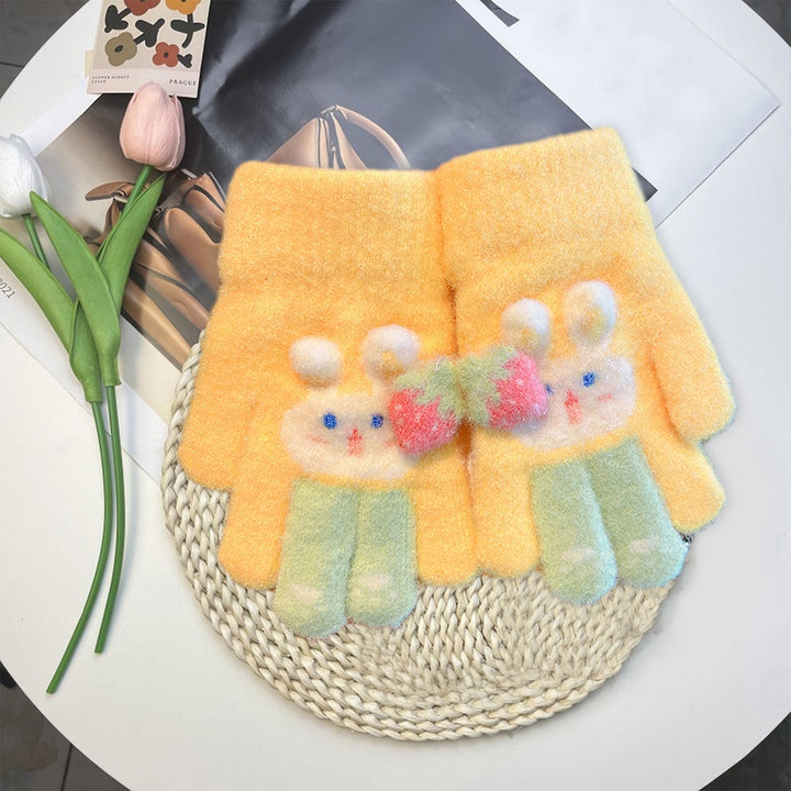 1 Pair Children Winter Full Finger Gloves Cute Rabbit Pattern Strawberry Decor Knitting Gloves Kids Thickened Warm Image 10