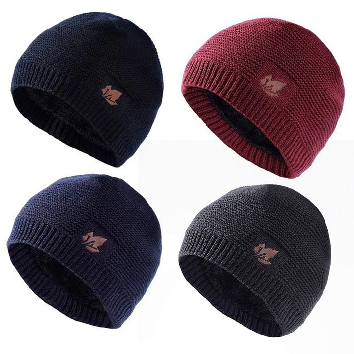 Men Autumn Winter Solid Color Knitting Hat Leaf Logo Plush Lining Thickened Beanie Hat Ribbed Trim Warm Hat Fashion Image 1