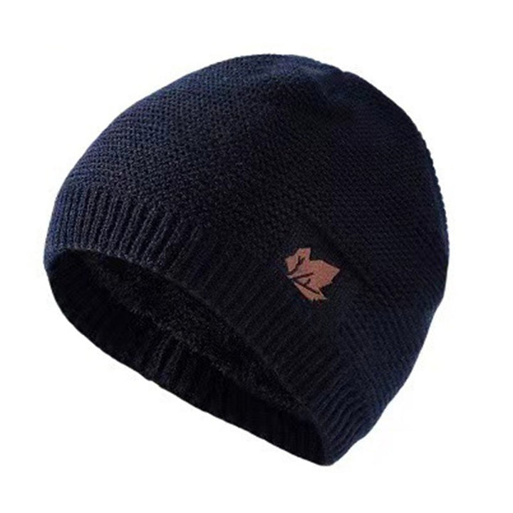 Men Autumn Winter Solid Color Knitting Hat Leaf Logo Plush Lining Thickened Beanie Hat Ribbed Trim Warm Hat Fashion Image 2