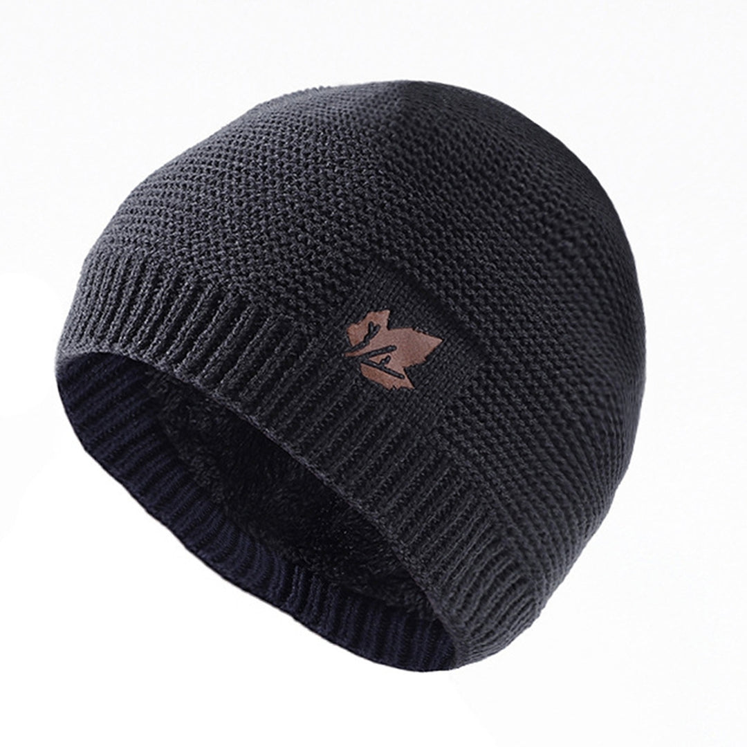 Men Autumn Winter Solid Color Knitting Hat Leaf Logo Plush Lining Thickened Beanie Hat Ribbed Trim Warm Hat Fashion Image 3