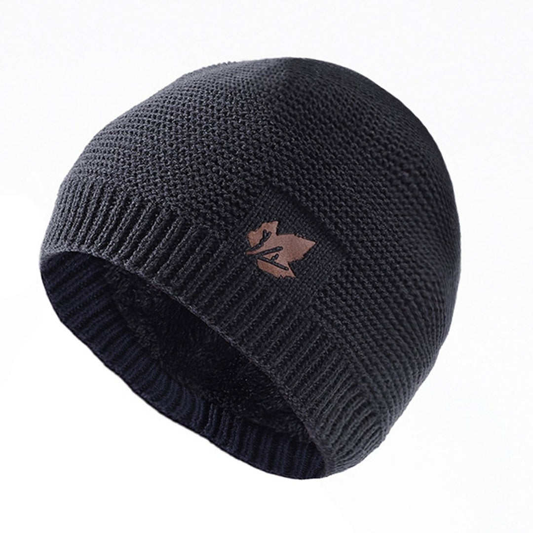 Men Autumn Winter Solid Color Knitting Hat Leaf Logo Plush Lining Thickened Beanie Hat Ribbed Trim Warm Hat Fashion Image 1