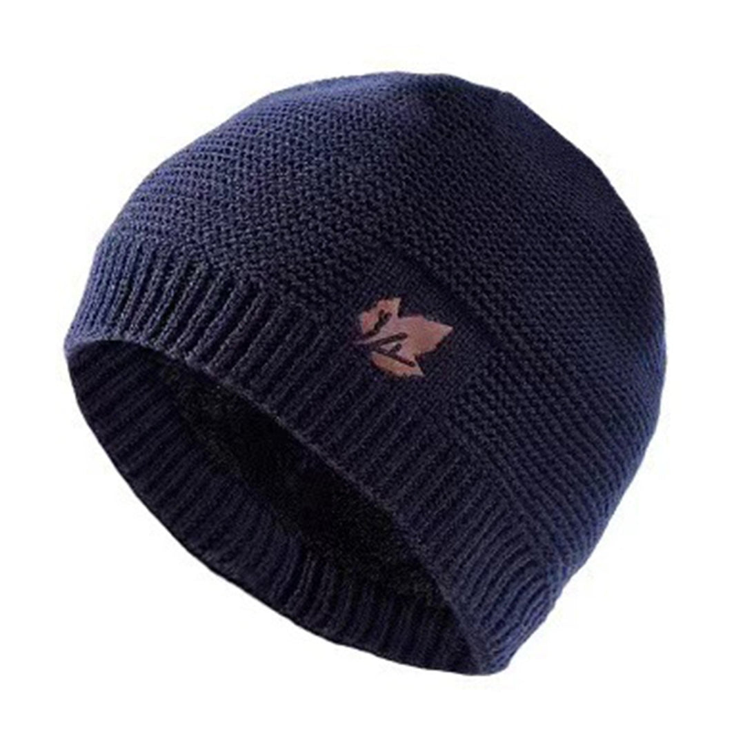 Men Autumn Winter Solid Color Knitting Hat Leaf Logo Plush Lining Thickened Beanie Hat Ribbed Trim Warm Hat Fashion Image 4