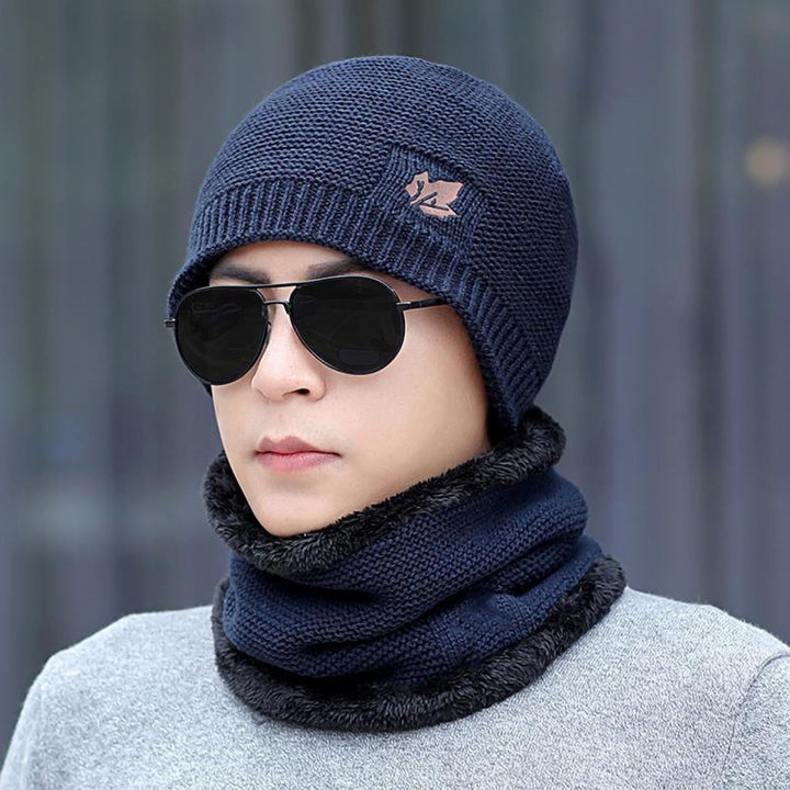 Men Autumn Winter Solid Color Knitting Hat Leaf Logo Plush Lining Thickened Beanie Hat Ribbed Trim Warm Hat Fashion Image 6