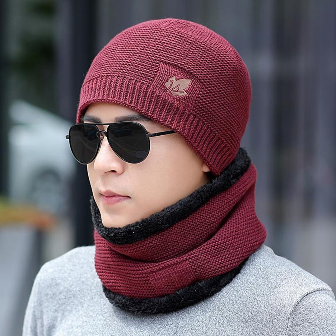 Men Autumn Winter Solid Color Knitting Hat Leaf Logo Plush Lining Thickened Beanie Hat Ribbed Trim Warm Hat Fashion Image 8