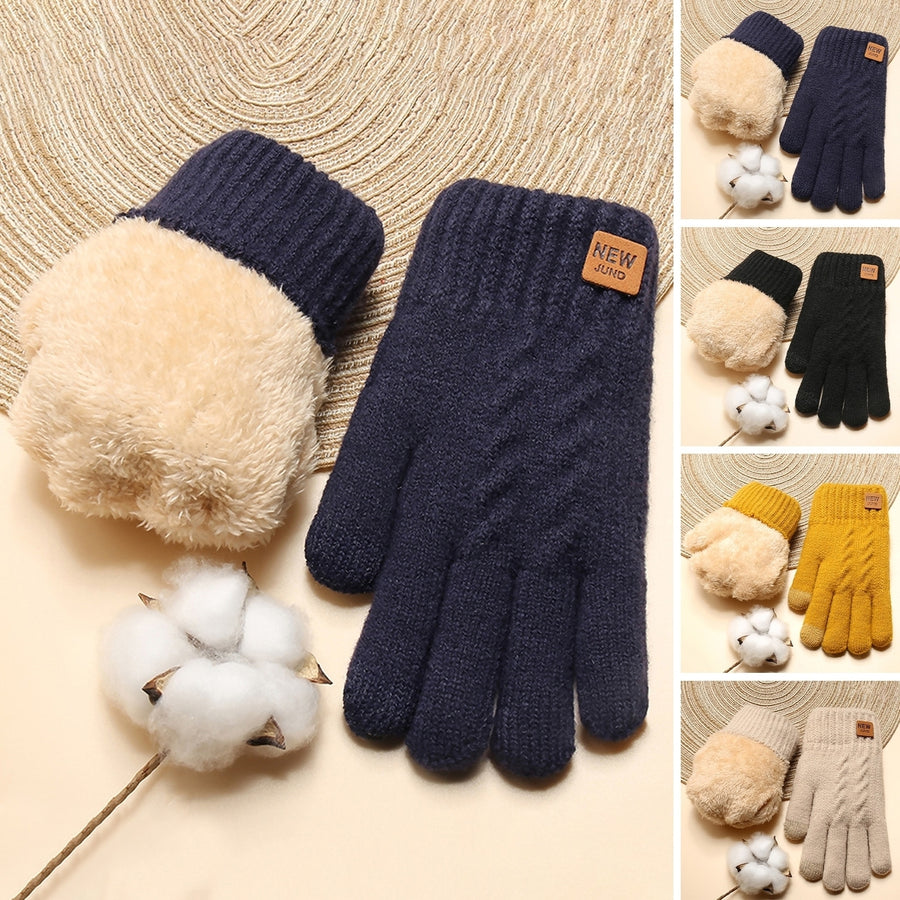 1 Pair Women Winter Solid Color Knitting Gloves Loge Pattern Double Layer Thickened Cuffs Gloves Touch Screen Fleece Image 1